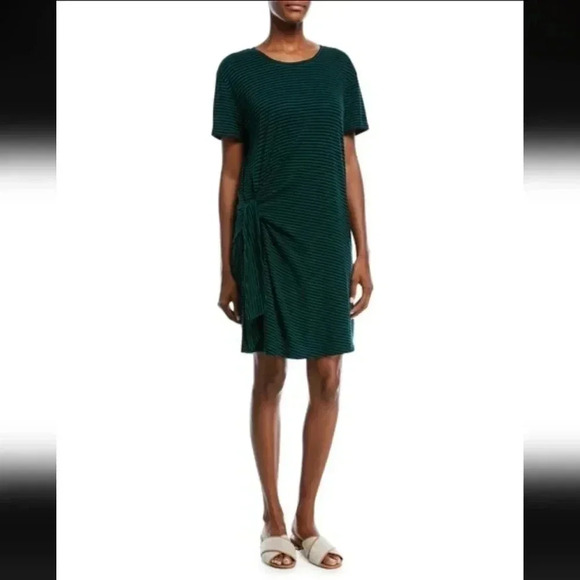 Vince Dresses & Skirts - Vince Stripe T Shirt Dress Womens Medium Navy Blue Green Short Sleeve Side Tie